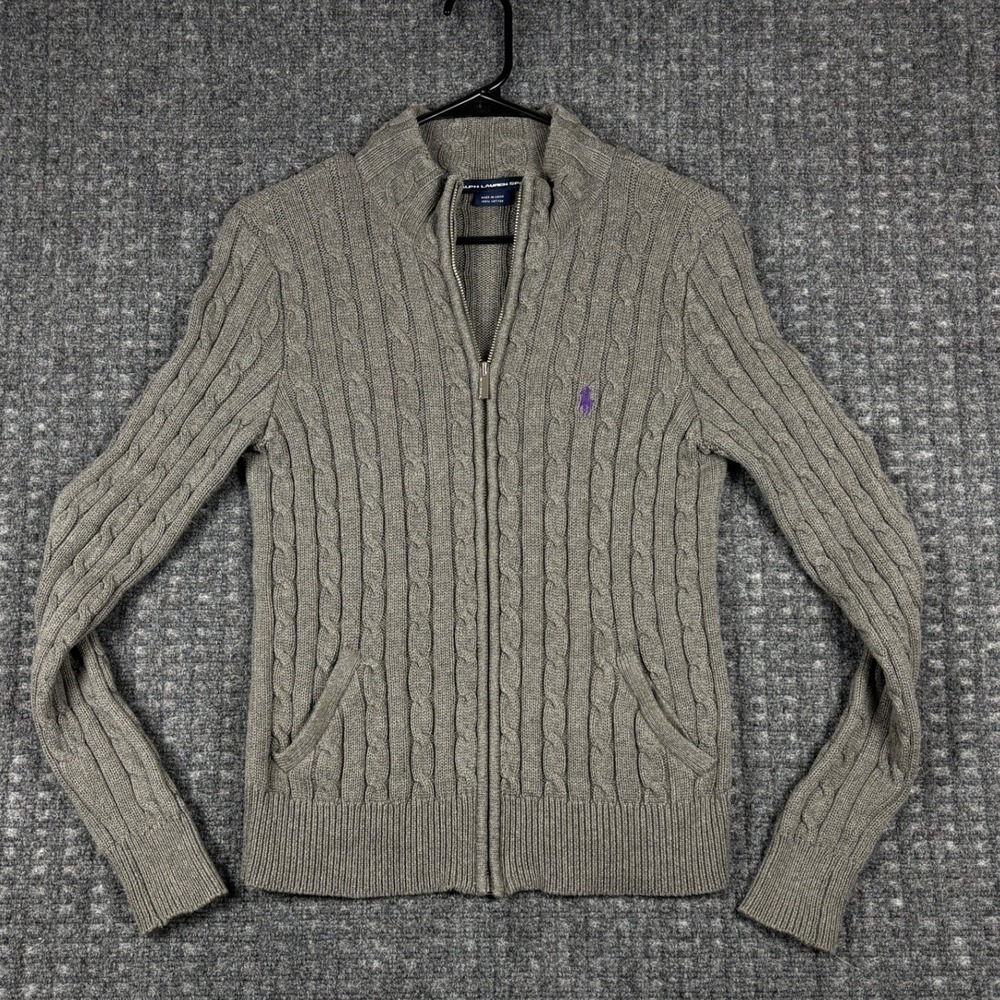 Ralph Lauren Sport Cable Knit Full Zip Cardigan Sweater Gray Small